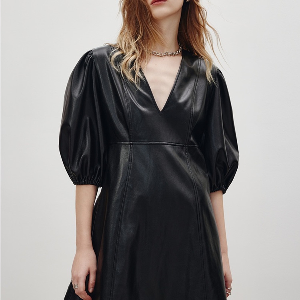 Black A-Line Midi Dress with Puff Sleeves and V-Neck